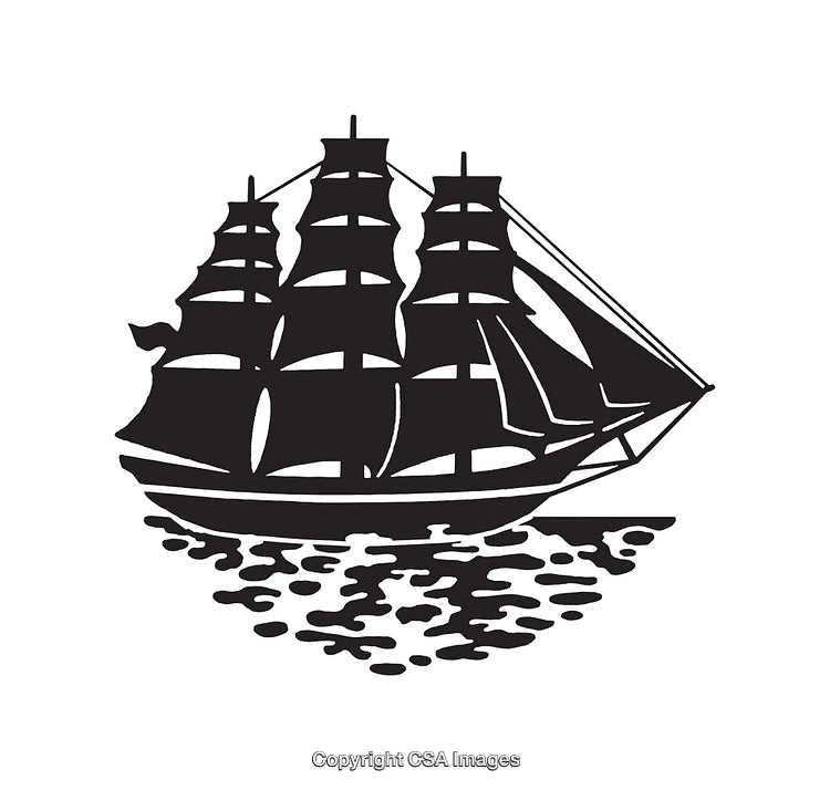 Black and White Line Art of a Classic Sailing Ship at Sea