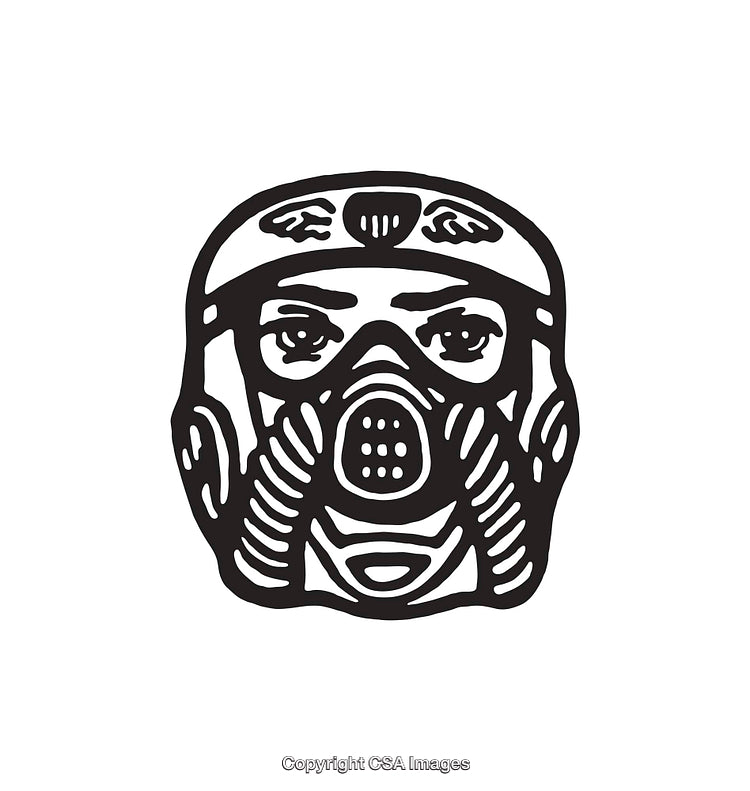 Black and White Line Art of a Masked Individual with Helmet Detail