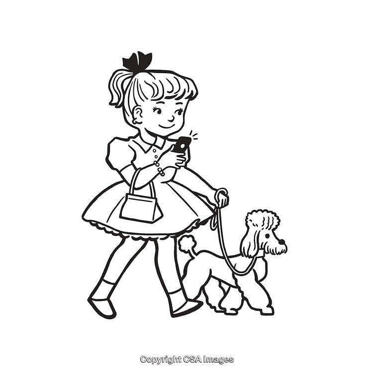 Black and White Line Art of Girl Walking Dog with Mobile Phone