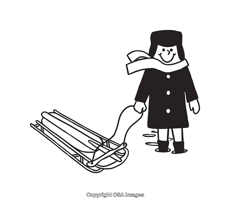 Winter Line Art Drawing of a Happy Child Pulling a Sled