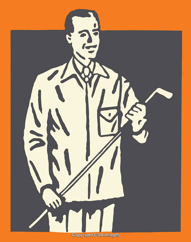 Vintage Gentleman with Golf Club in Line Art Illustration Style