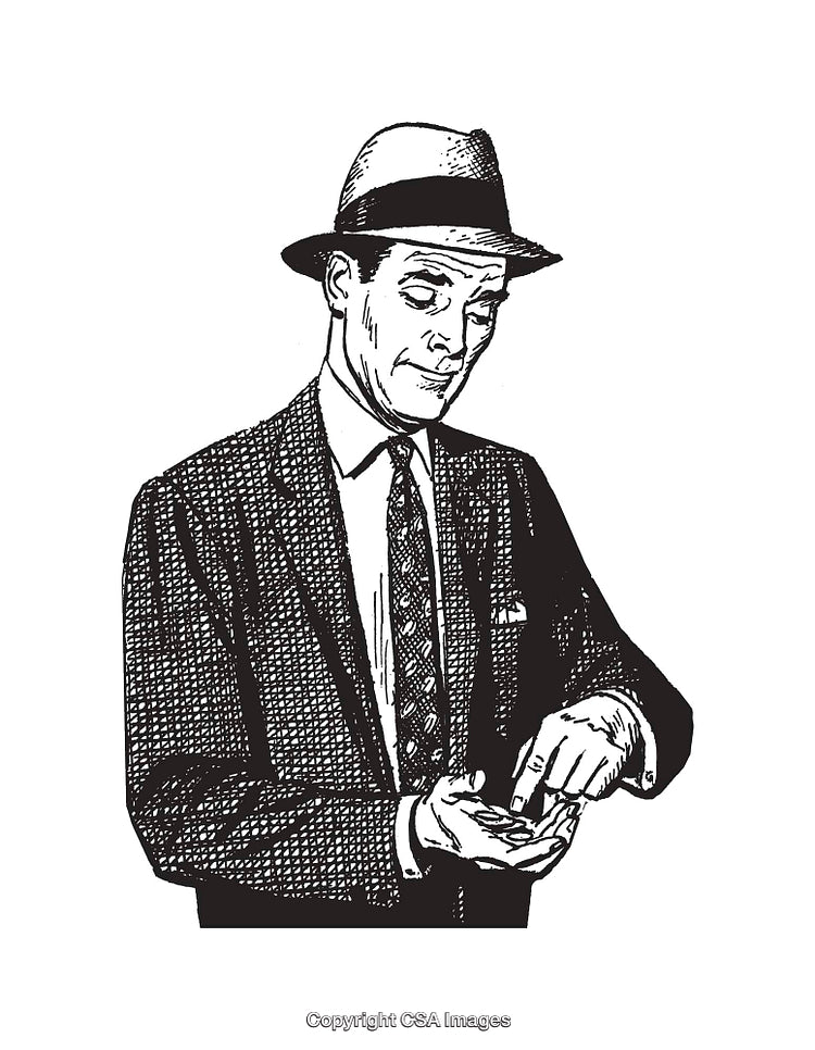 Retro Line Art Man Counting Coins in Thoughtful Pose