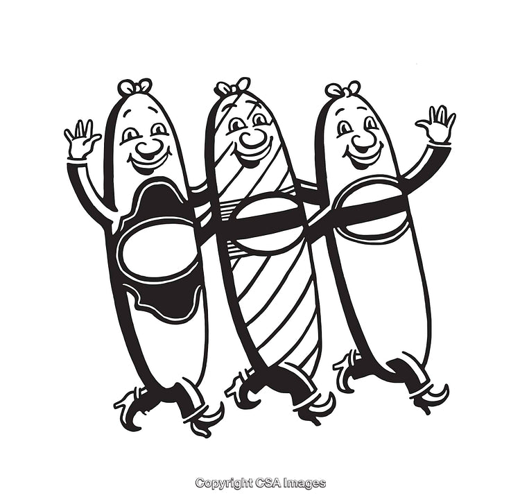 Three Friendly Sausages in Black and White Line Art Illustration