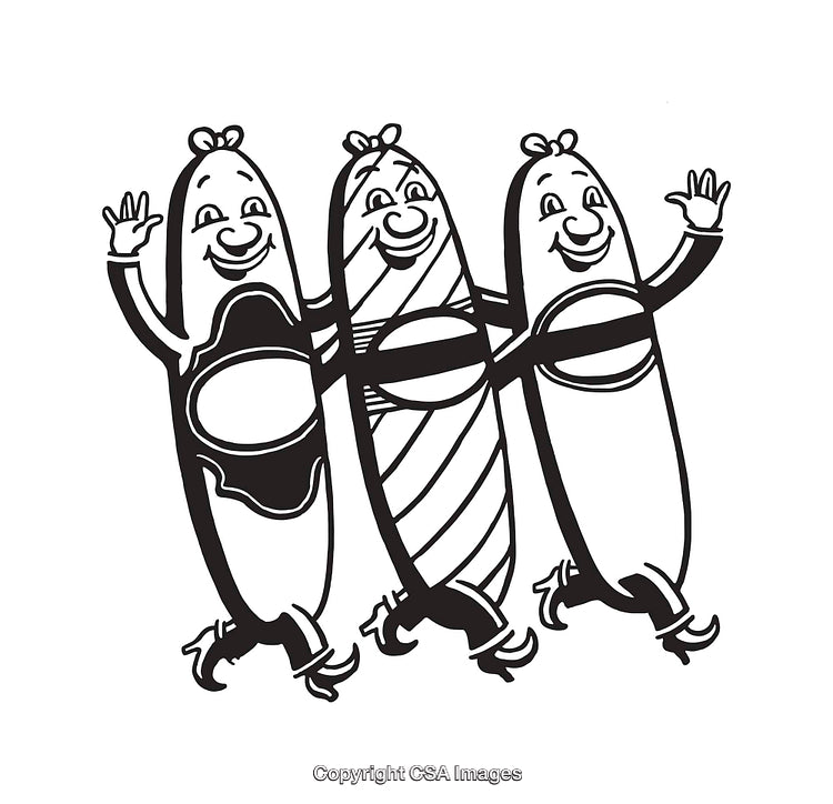 Three Friendly Sausages in Black and White Line Art Illustration