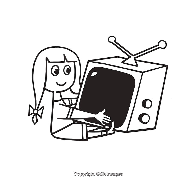 Black and White Illustration of Girl Hugging Retro Television