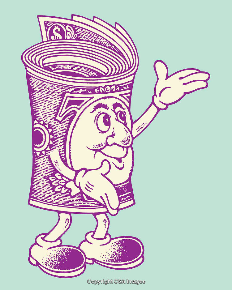 Cartoon Illustration of Smiling Dollar Bill in Vintage Style