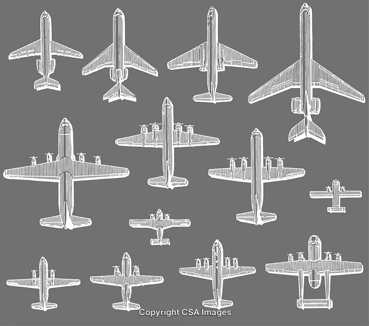 Vintage Aircraft Diagrams Depicting Various Airplane Types on Gray Background