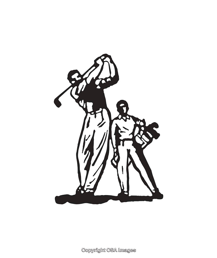 Black and White Golf Player Swinging with a Caddie Illustration