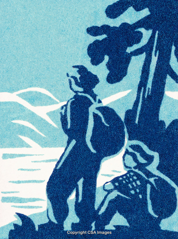 Silhouette of Travelers by a Lake in Vintage Style Artwork
