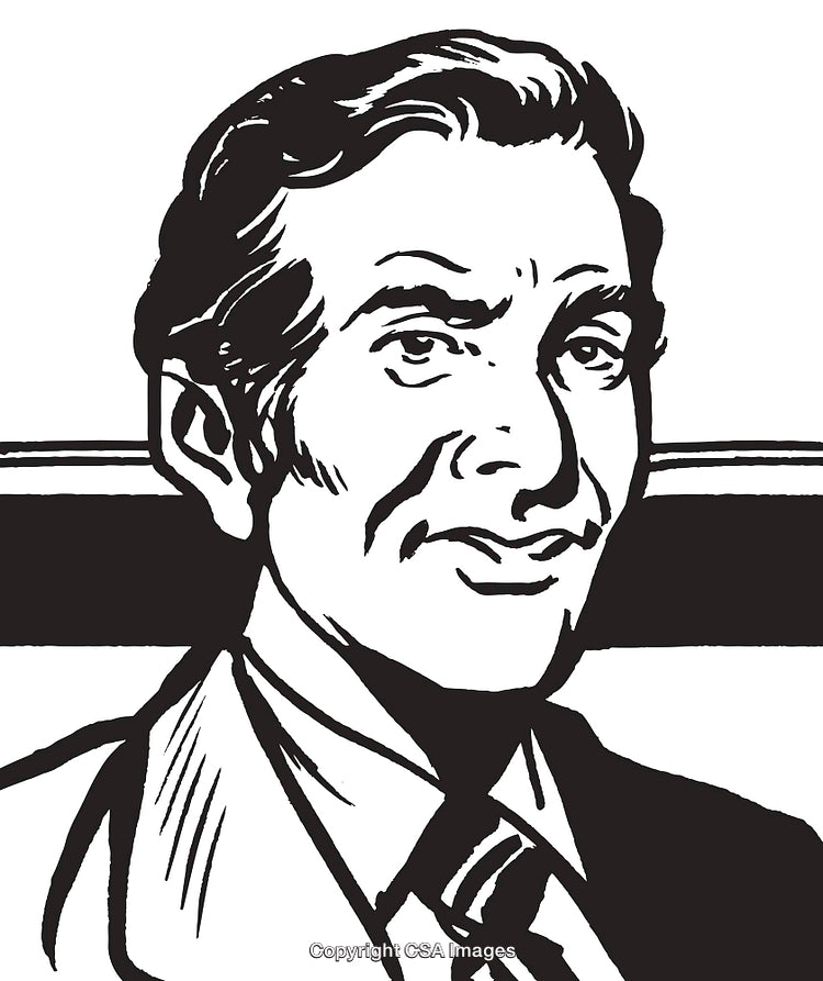 Black and White Ink Drawing of a Smiling Professional Man in a Tie
