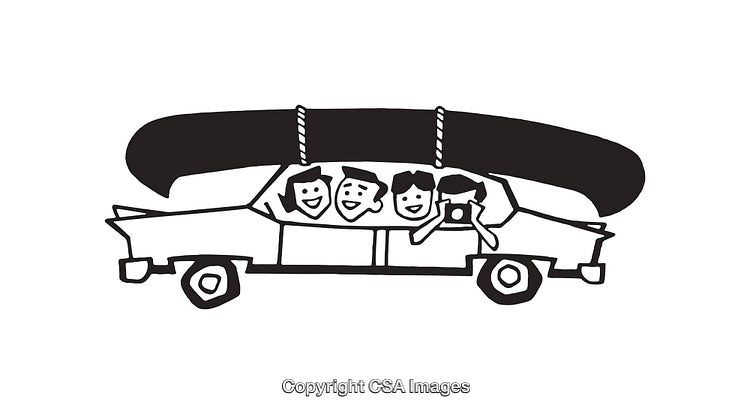 Illustration of Car Loaded with Happy Family and Canoe on Top