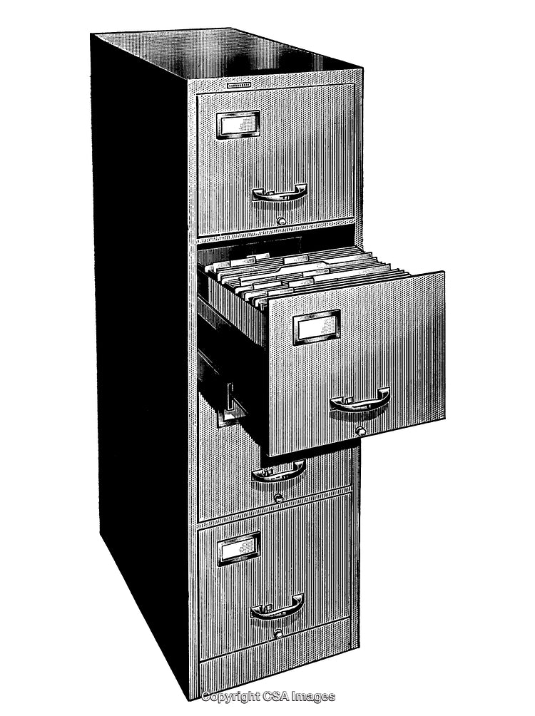 Black and White Engraving of a Filing Cabinet With Open Drawer