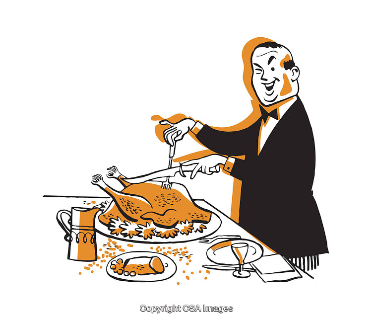 Illustration of a Man Carving a Turkey on a Holiday Table