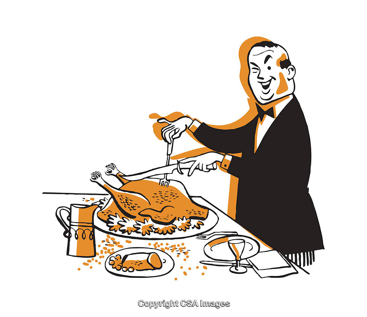 Illustration of a Man Carving a Turkey on a Holiday Table