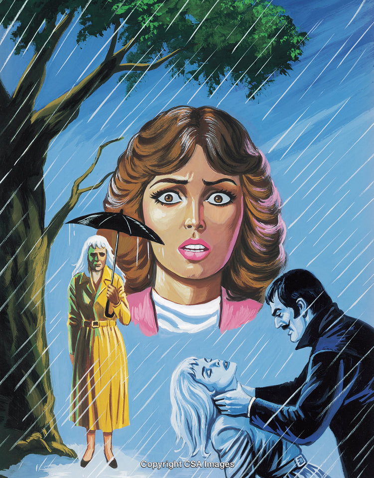 Dramatic Illustration of Suspenseful Scene with Characters and Vibrant Imagery