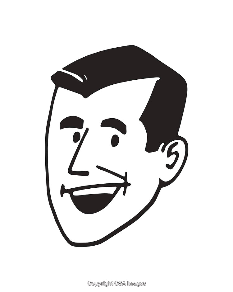 Retro Black and White Smiling Face Illustration in Line Art Style