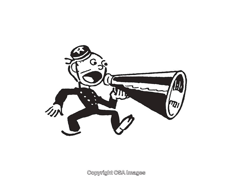 Vintage Black and White Line Art of Person Speaking with Megaphone