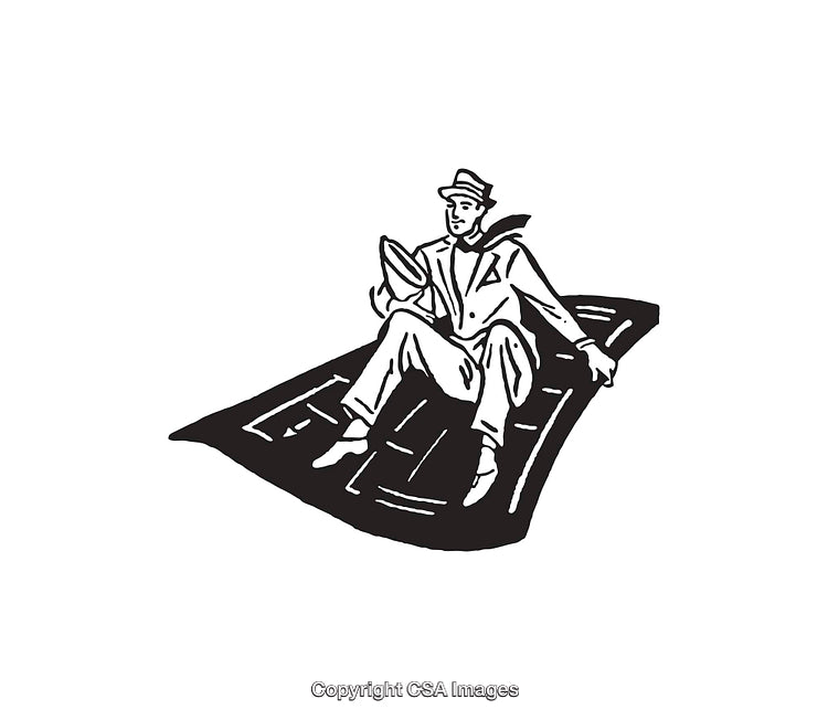Line Art of Man Sitting on a Flying Carpet Illustration