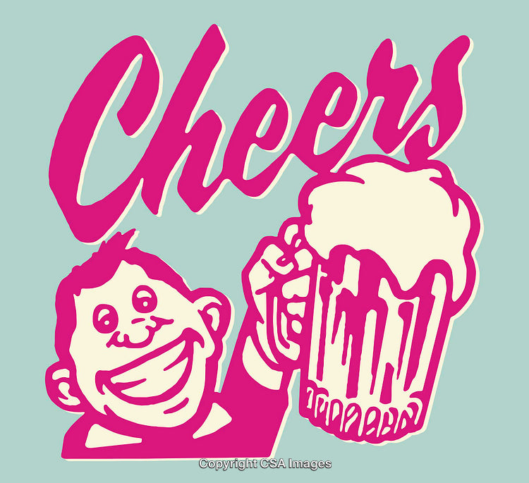 Colorful Cheers Design Featuring Cartoon Character Holding a Beer Mug