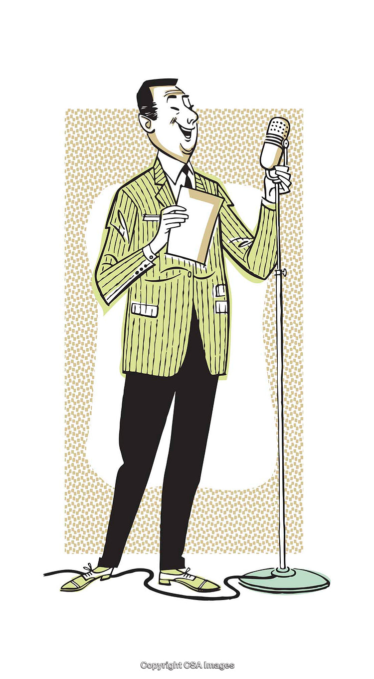 Retro Styled Illustration of a Speaker Holding Notes and a Microphone