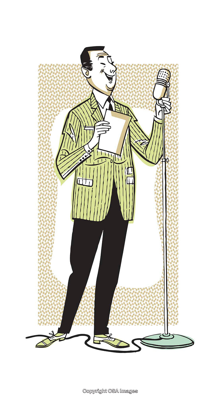 Retro Styled Illustration of a Speaker Holding Notes and a Microphone