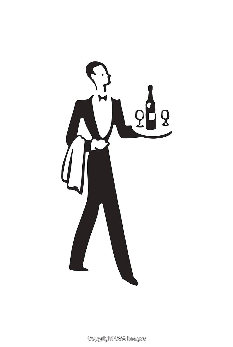 Waiter Serving Wine with Glasses in Stylish Black and White Design