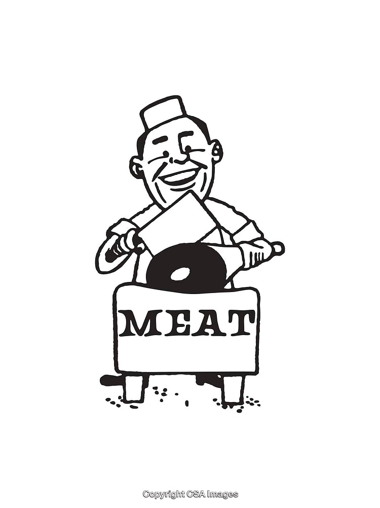 Black and White Illustration of a Smiling Butcher With Meat Cleaver and Table