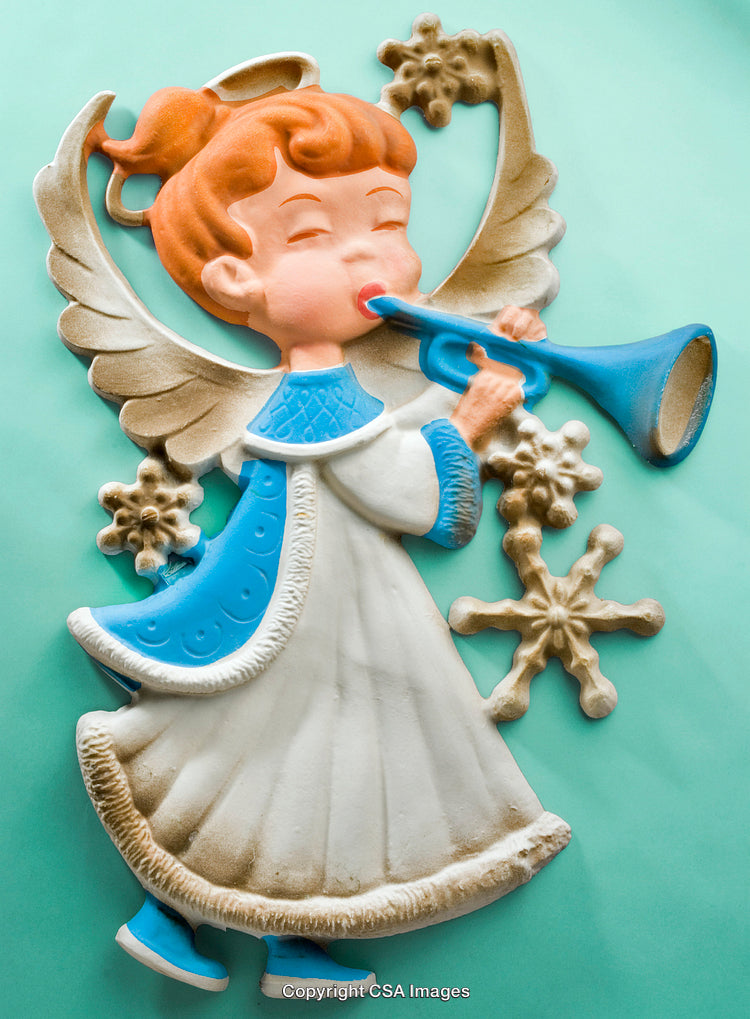 Plastic Figurine of an Angel Playing a Trumpet with Snowflakes
