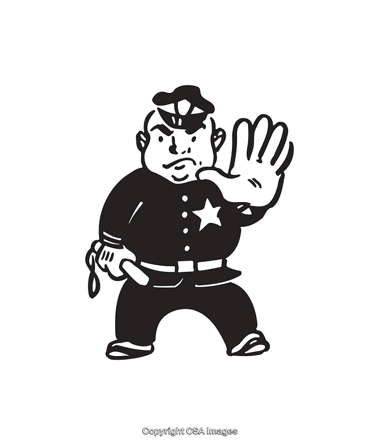 Black and White Line Art Illustration of a Police Officer Holding Up Hand