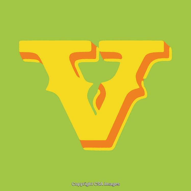 Stylized Yellow Letter V on Green Background with Abstract Elements