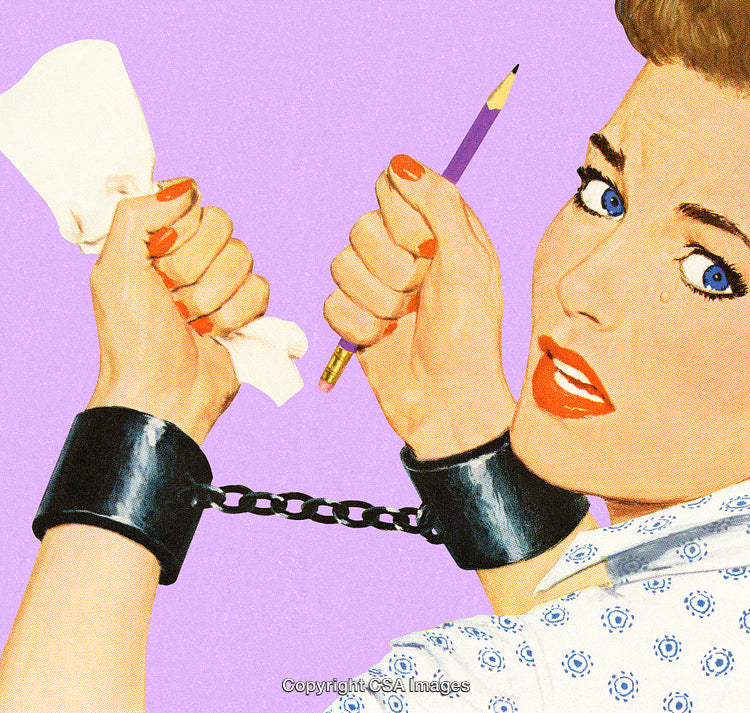 Stylized Illustration of a Woman Holding Pencil and Eraser in Chains