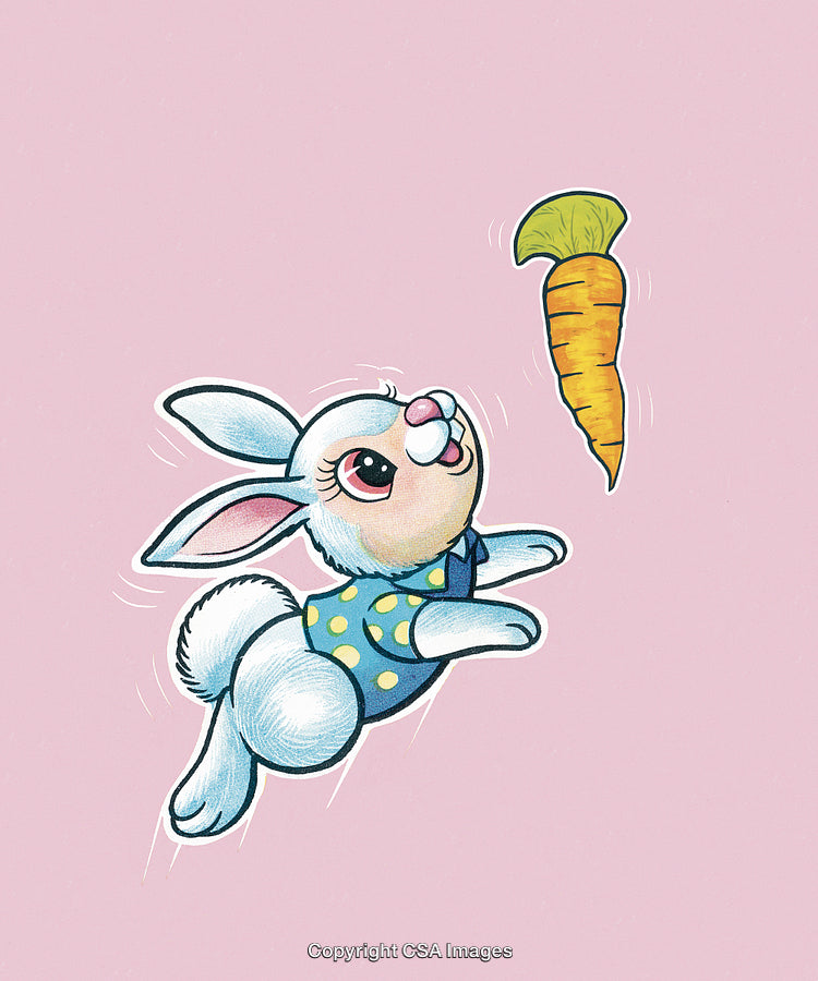 Cute Cartoon Bunny Jumping for a Carrot on Pink Background