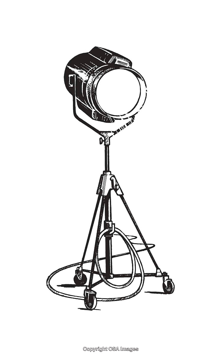 Black and White Line Art of a Vintage Spotlight on Stand