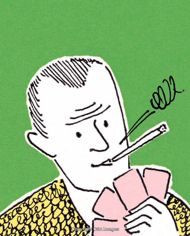 Colorful Cartoon Illustration of Man Holding Cards and Smoking in Green Background