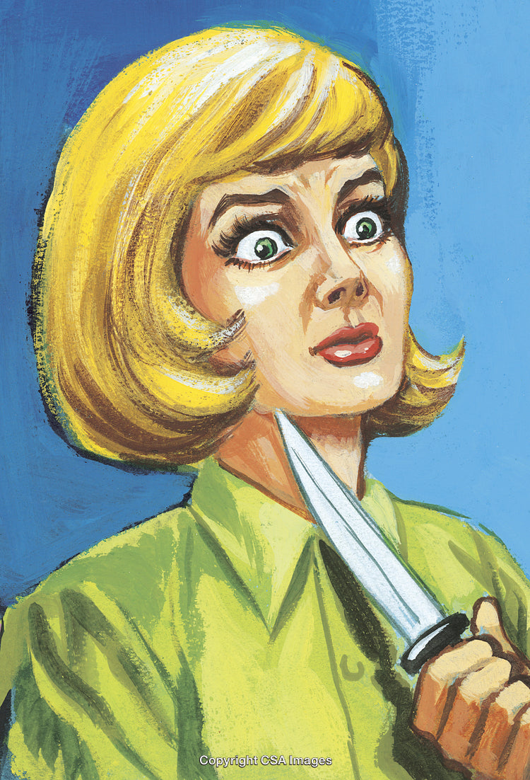 Expressive Portrait of a Concerned Woman Holding a Knife