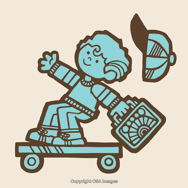 Playful Cartoon of a Boy Riding a Skateboard with a Bag