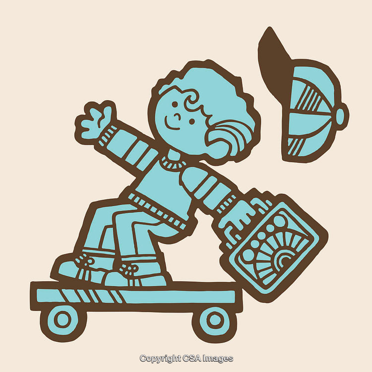 Playful Cartoon of a Boy Riding a Skateboard with a Bag