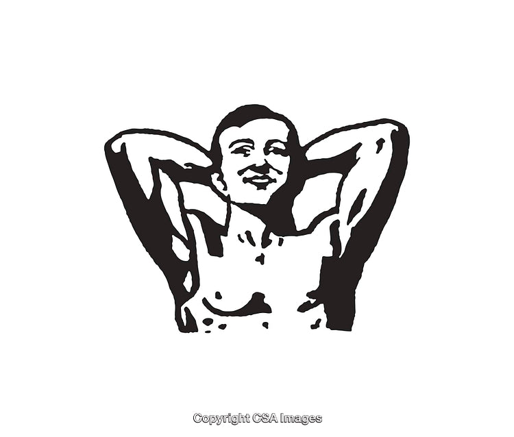 Black and White Line Art of a Relaxed Person with Hands Behind Head