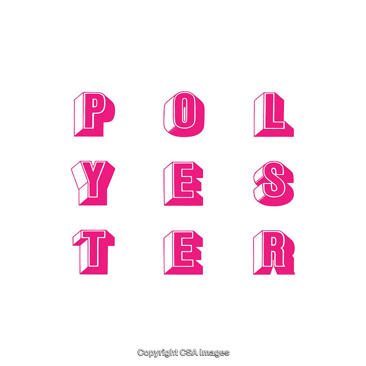 Stylized Bold Pink Lettering Spelling Polyester in Rows on White Background