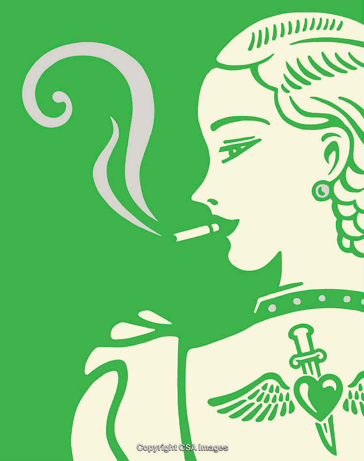 Stylized Green Line Art Illustration of Smoking Woman with Tattoo