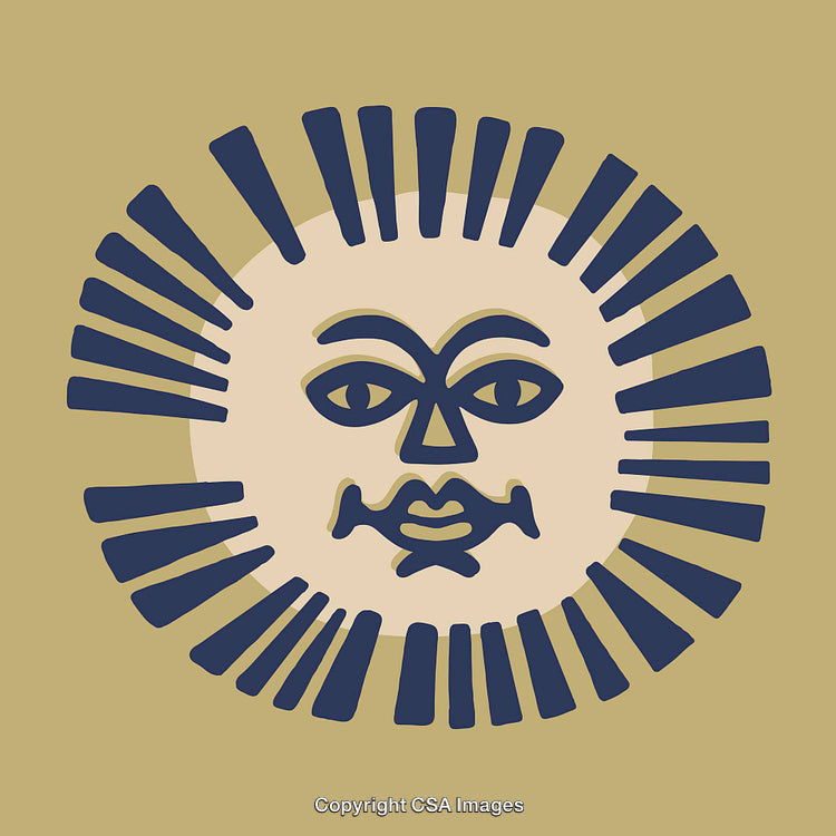 Stylized Sun Illustration with Geometric Lines and Abstract Face Design