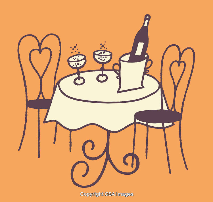 Romantic Dinner Setup With Champagne and Heart-Back Chairs in Art Style