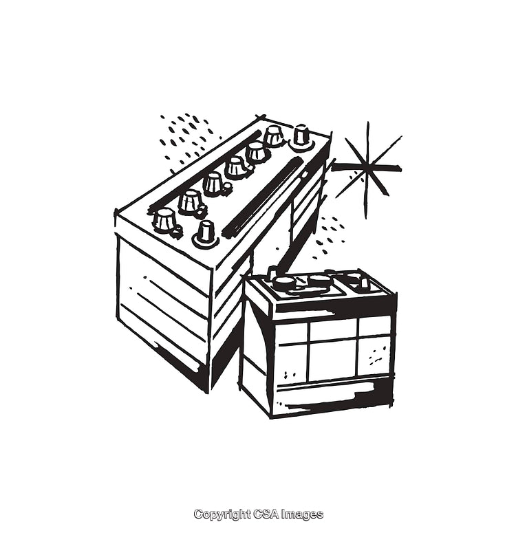 Black and White Line Art Illustrations of Large and Small Automotive Batteries
