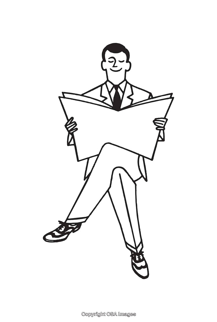 Black and White Line Art of a Businessman Holding a Newspaper