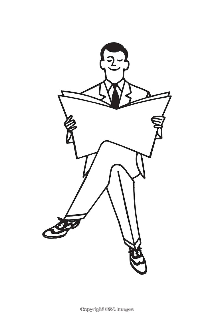 Black and White Line Art of a Businessman Holding a Newspaper