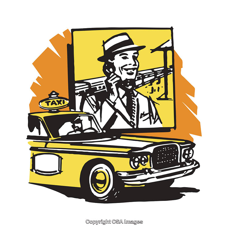 Retro Style Illustration of Taxi and Man Talking on Phone
