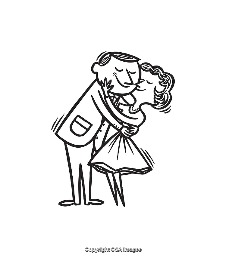 Couple Embracing in Retro Line Art Black and White Illustration