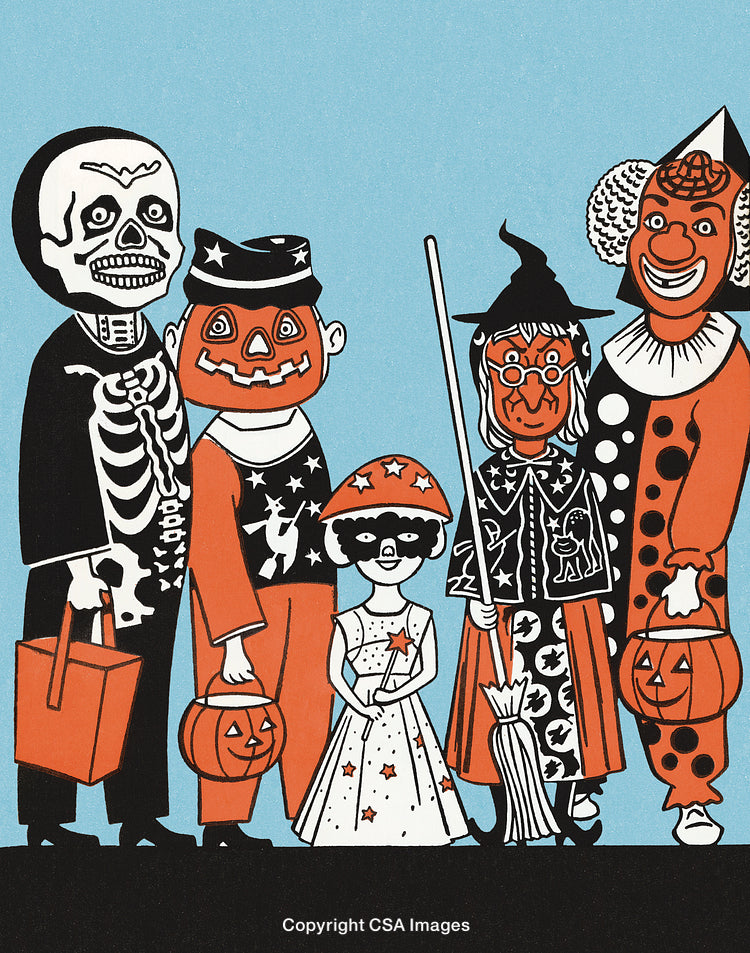 Group of Children in Halloween Costumes Holding Jack-o-Lantern Buckets