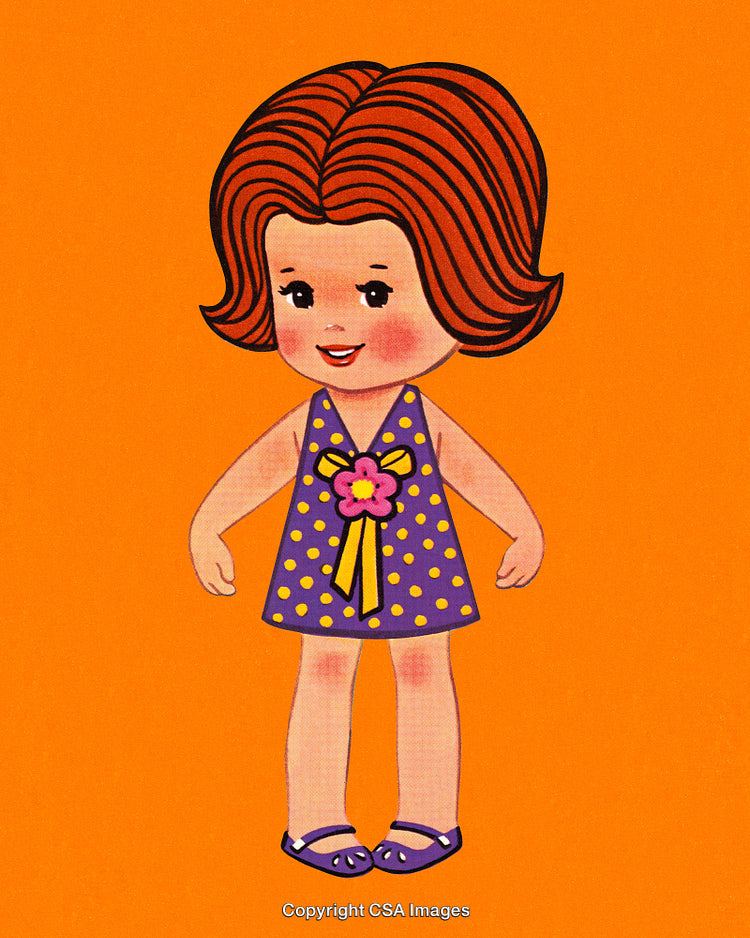 Adorable Cartoon Girl in Polka Dot Dress on Vibrant Orange Background