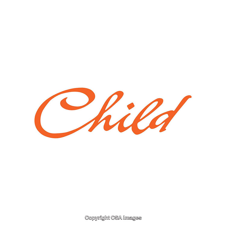 Bright Orange Scripted Word Child on White Background